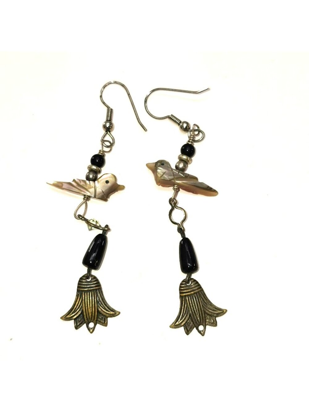 Handmade Vintage Bird Dangle Earrings Black Beads & Brass Floral Charms CM2396